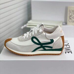 Loewe white suede and dark green logo sneakers